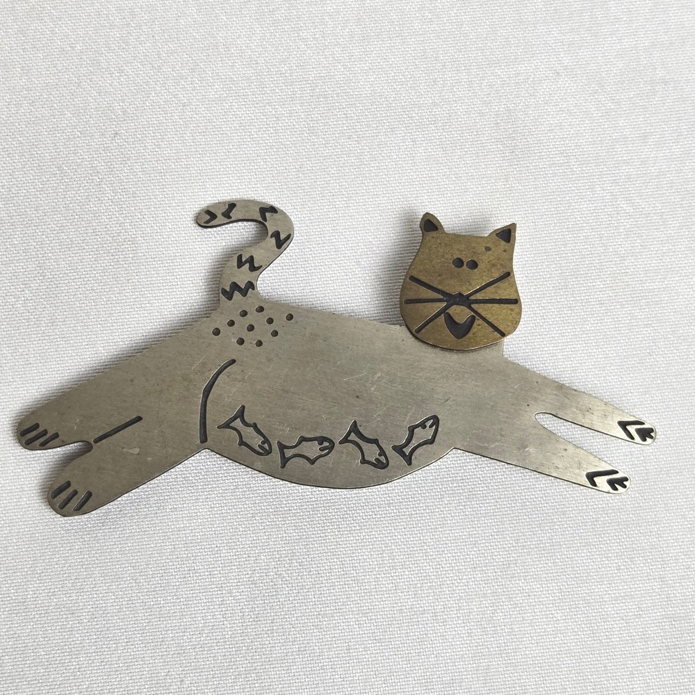 Cat Brooch Pin 2.5" Mixed Metal Whimsical Kitschy Retro Silver Tone Gold Tone